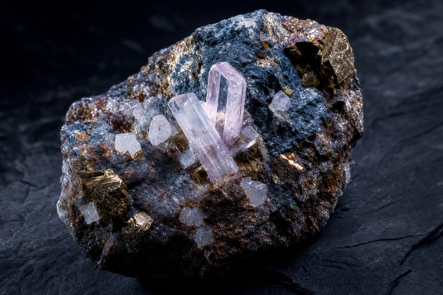 Macro view of a raw mineral specimen with pyrite, slate matrix, and pale crystals — representative of strategic resource diligence.